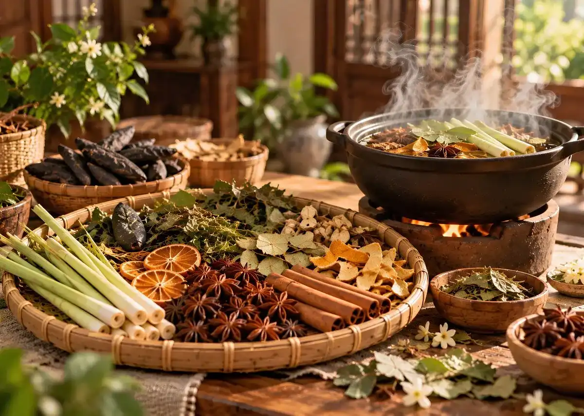 X&ocirc;ng nh&agrave; tẩy uế bằng thảo mộc truyền thống với bồ kết, sả, quế v&agrave; hoa hồi.