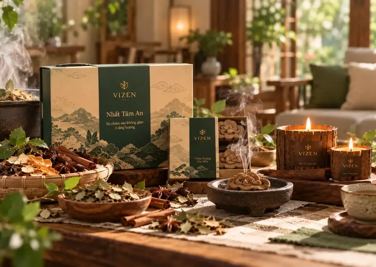 X&ocirc;ng nh&agrave; tẩy uế c&ugrave;ng VIZEN với bộ chăm s&oacute;c kh&ocirc;ng gian 3 tầng hương từ thảo mộc Việt.