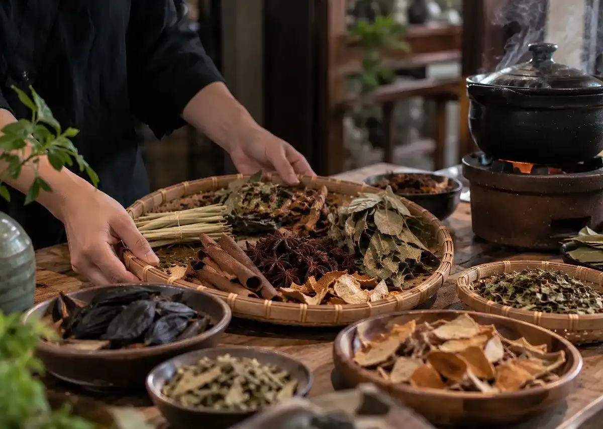 X&ocirc;ng nh&agrave; tẩy uế bằng thảo mộc truyền thống như bồ kết, sả, quế, trần b&igrave; v&agrave; hoa hồi.