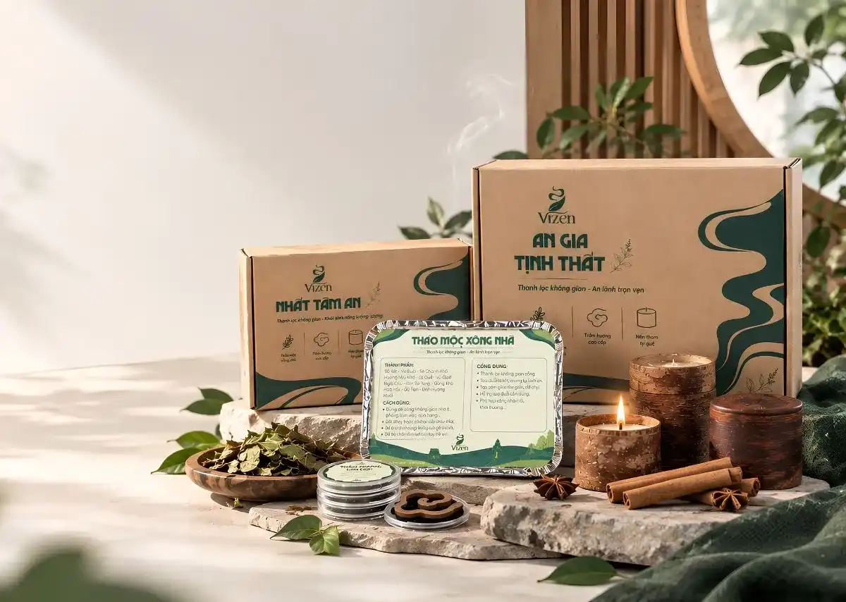 L&aacute; X&ocirc;ng Thảo Mộc VIZEN &ndash; Kết hợp c&ugrave;ng Trầm Hương V&acirc;n M&acirc;y v&agrave; Nến Vỏ Th&acirc;n Quế trong h&agrave;nh tr&igrave;nh 3 bước.