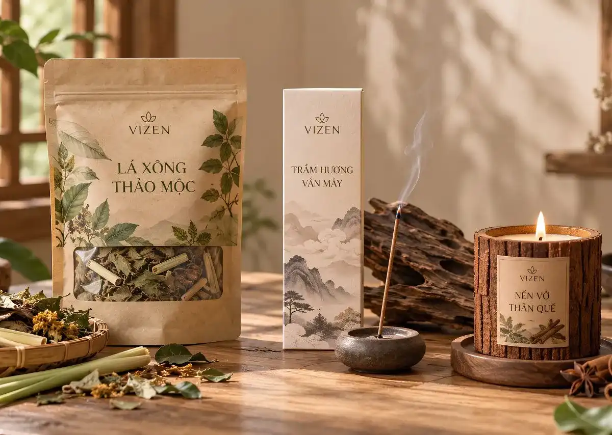 Bộ x&ocirc;ng nh&agrave; VIZEN với ba sản phẩm tạo hương ri&ecirc;ng lẻ.