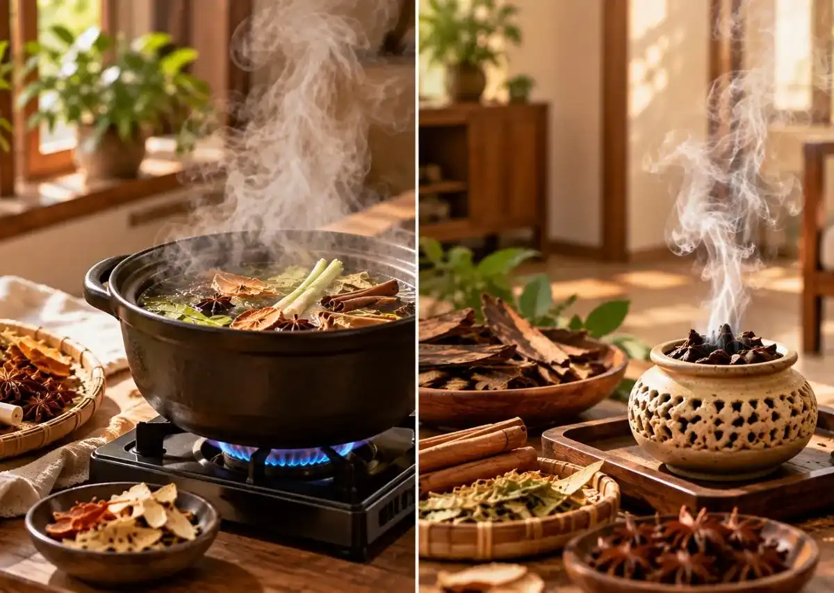X&ocirc;ng nh&agrave; tẩy uế bằng thảo mộc với hai phương ph&aacute;p đun nước v&agrave; đốt thảo mộc kh&ocirc;.