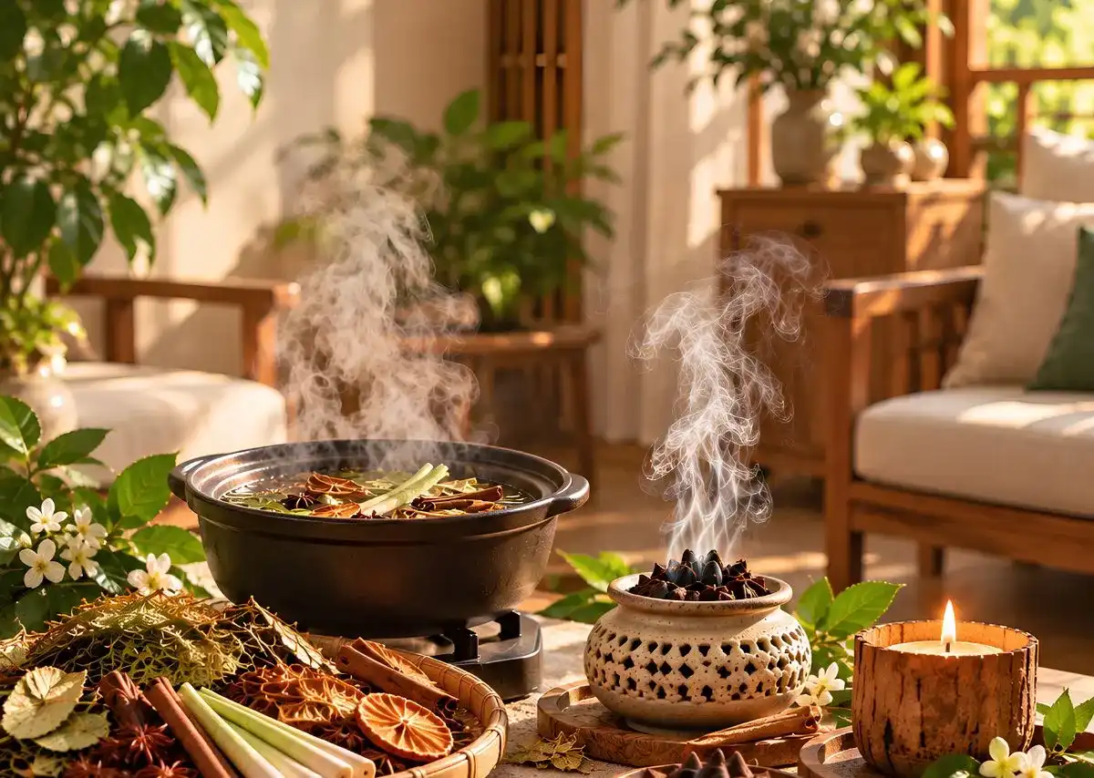 X&ocirc;ng nh&agrave; tẩy uế với thảo mộc, trầm hương v&agrave; nến thơm, mang đến kh&ocirc;ng gian ấm c&uacute;ng, thư th&aacute;i.