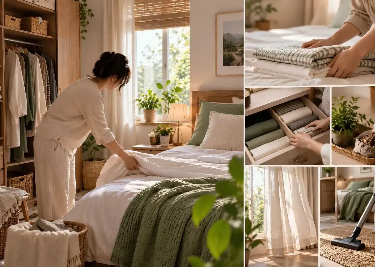Vệ sinh chăn ga, quần &aacute;o v&agrave; tủ đồ gi&uacute;p ph&ograve;ng ngủ lu&ocirc;n sạch tho&aacute;ng, dễ chịu.