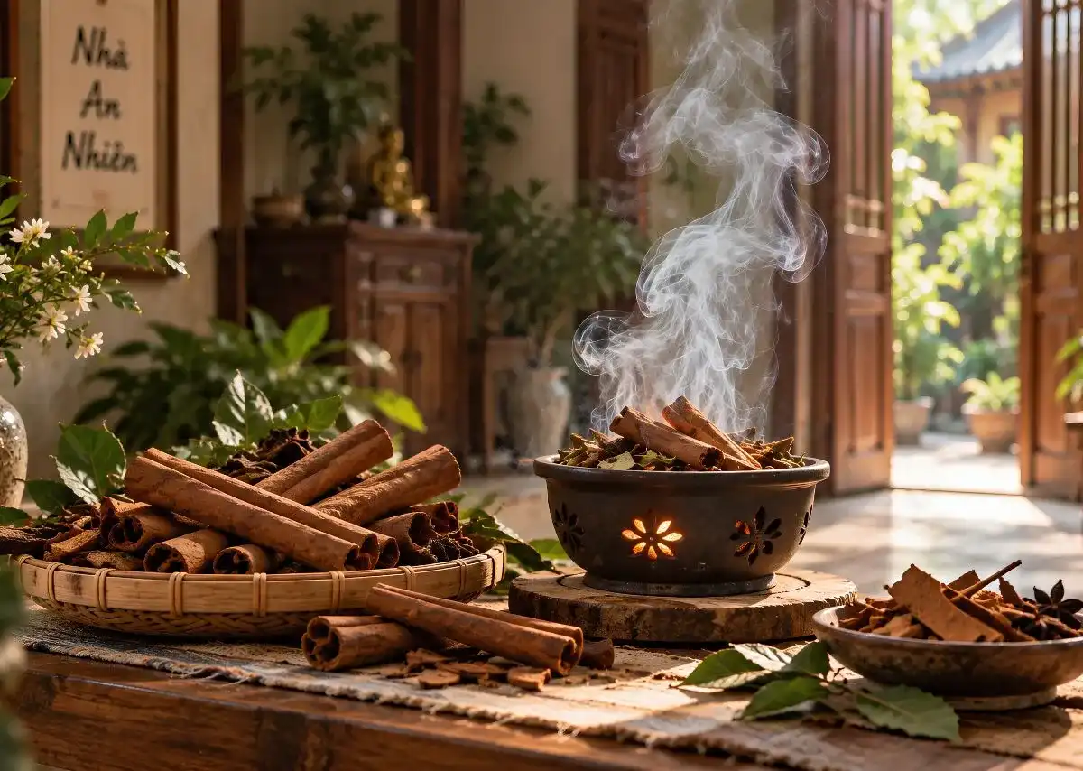 Quế kết hợp c&ugrave;ng c&aacute;c loại thảo mộc x&ocirc;ng nh&agrave; tạo n&ecirc;n nhiều tầng hương cho kh&ocirc;ng gian sống.