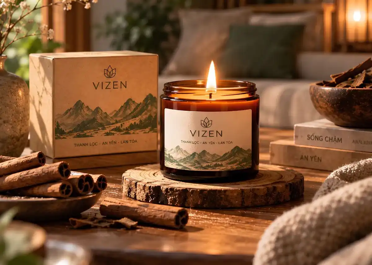 Nến vỏ quế ho&agrave;n thiện bước Tụ hương của bộ x&ocirc;ng nh&agrave; VIZEN