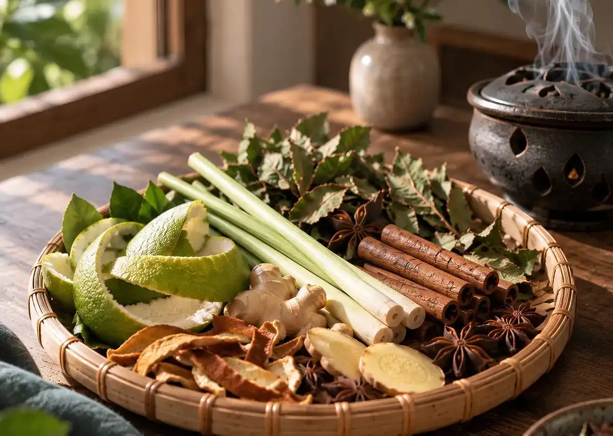 Thảo mộc x&ocirc;ng nh&agrave; được chuẩn bị từ vỏ bưởi, sả, gừng v&agrave; quế.