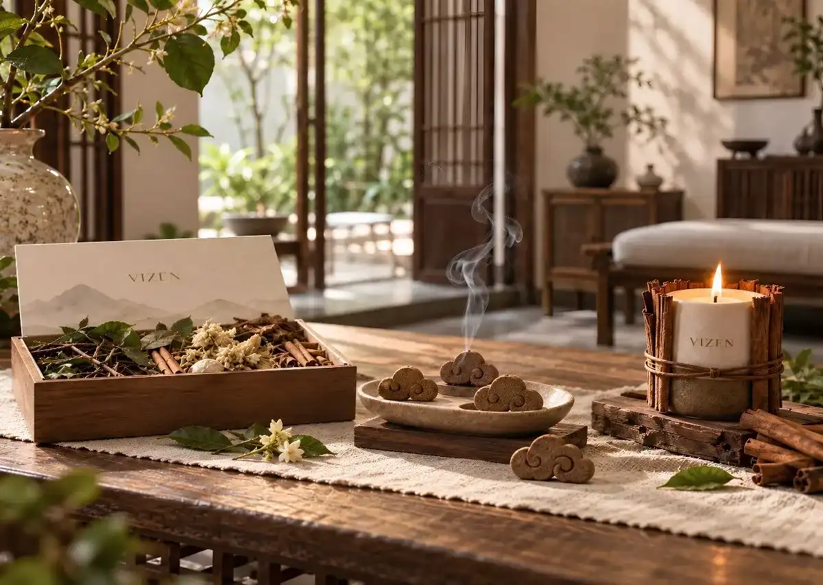 VIZEN gợi mở một khoảng nghỉ nhẹ nh&agrave;ng với thảo mộc, Trầm V&acirc;n M&acirc;y v&agrave; nến vỏ quế.