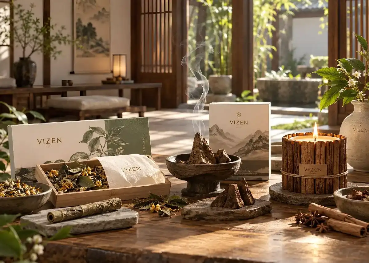 VIZEN kết hợp thảo mộc, Trầm V&acirc;n M&acirc;y v&agrave; nến vỏ quế th&agrave;nh h&agrave;nh tr&igrave;nh 3 tầng hương