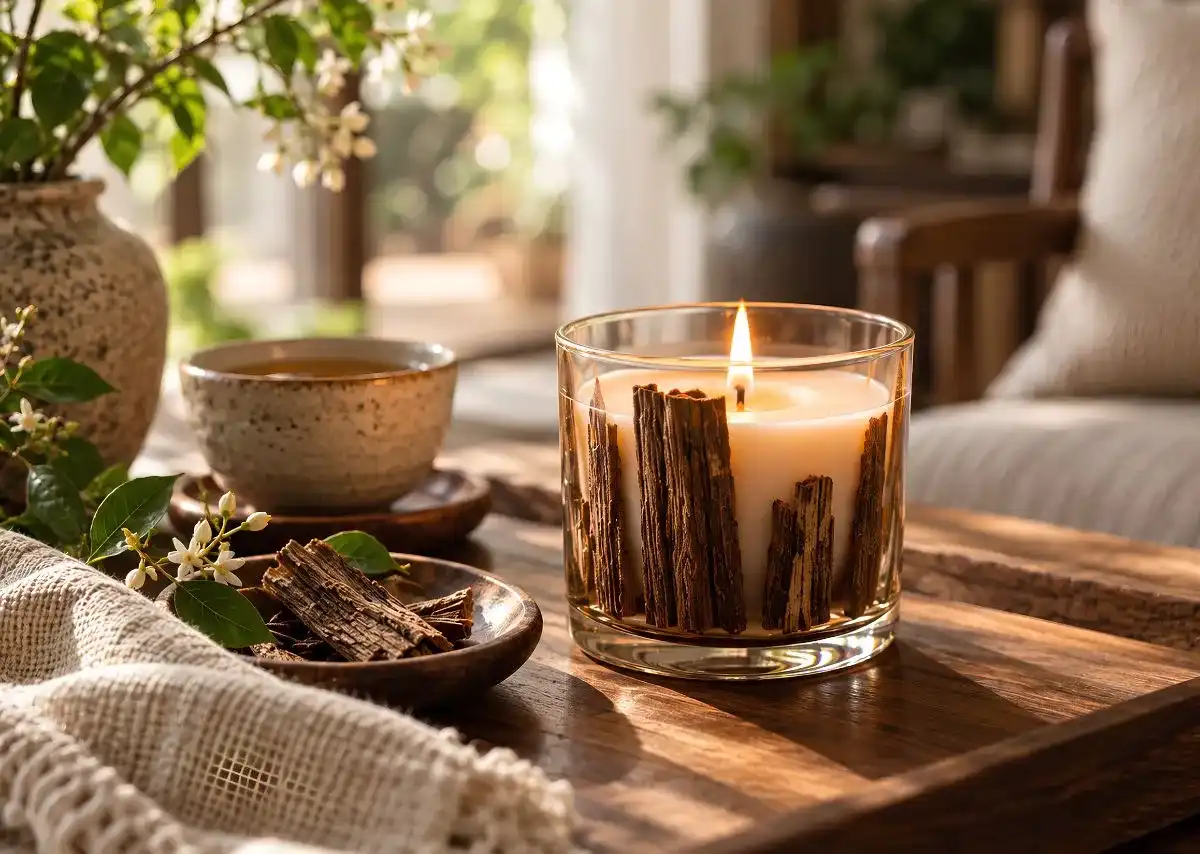 Nến vỏ quế VIZEN ho&agrave;n thiện bước Tụ hương bằng &aacute;nh nến v&agrave; sắc hương nhẹ nh&agrave;ng