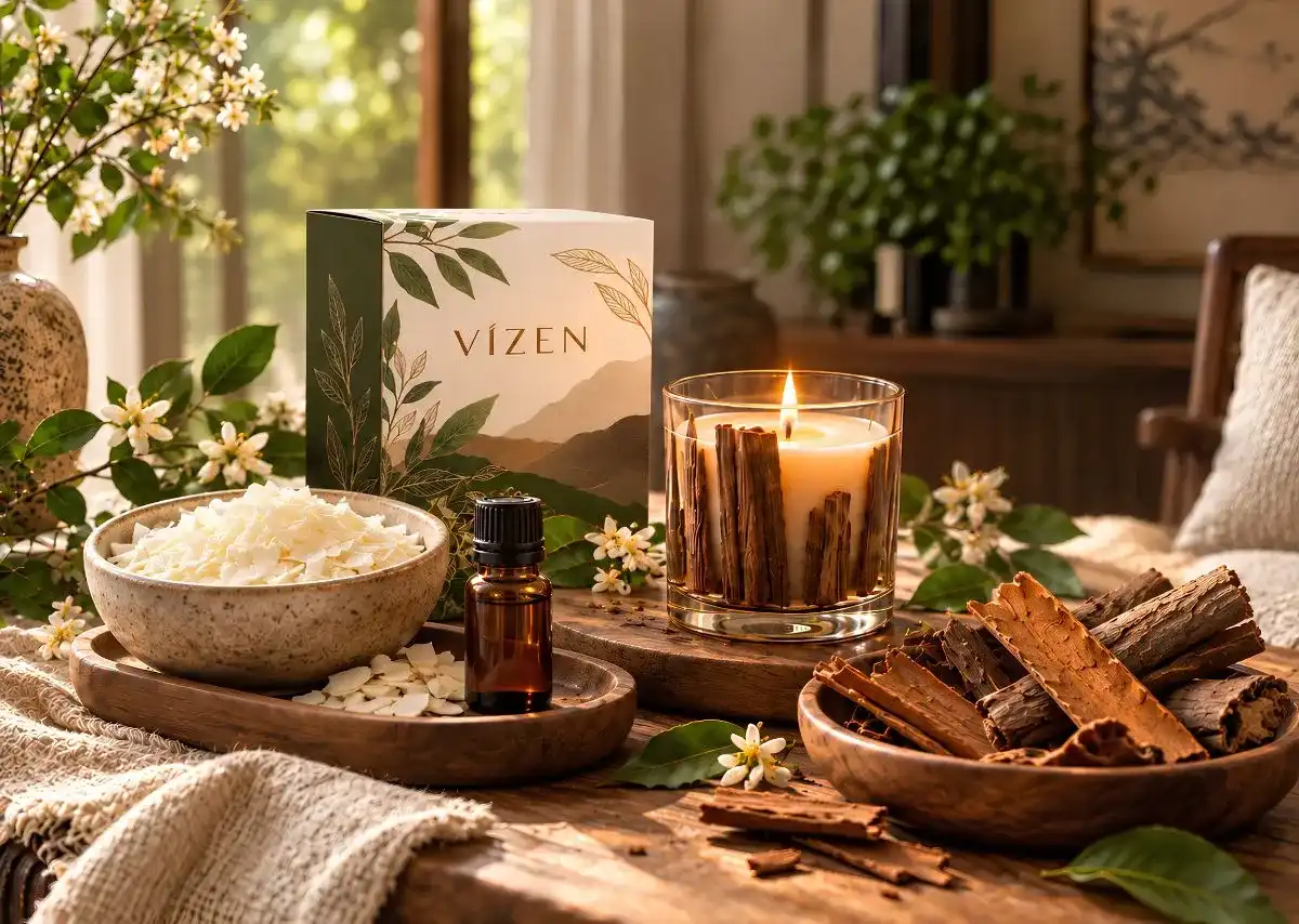Từng lớp vỏ quế được sắp xếp quanh cốc nến, tạo n&ecirc;n thiết kế đặc trưng của VIZEN