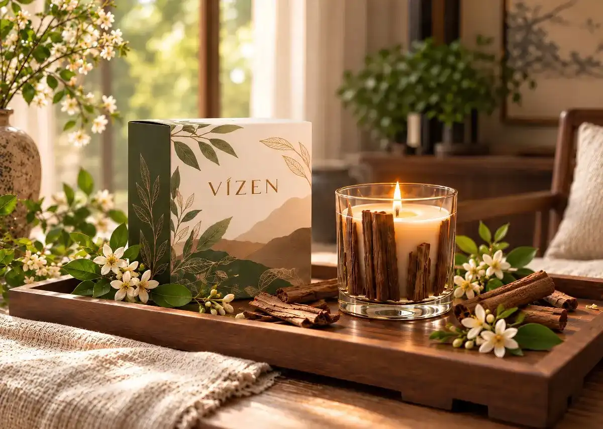 Nến quế VIZEN đưa chất liệu quen thuộc từ v&ugrave;ng quế v&agrave;o kh&ocirc;ng gian sống hiện đại